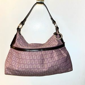 Vintage Medium Fendi Chef Zucca Shoulder Bag Lavender Logo Canvas/Brown Leather